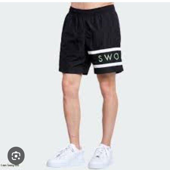NIKE Embroidered SWOOSH Men's Shorts SZ Medium Black Nylon Spellout Lined Y2K - Picture 1 of 12